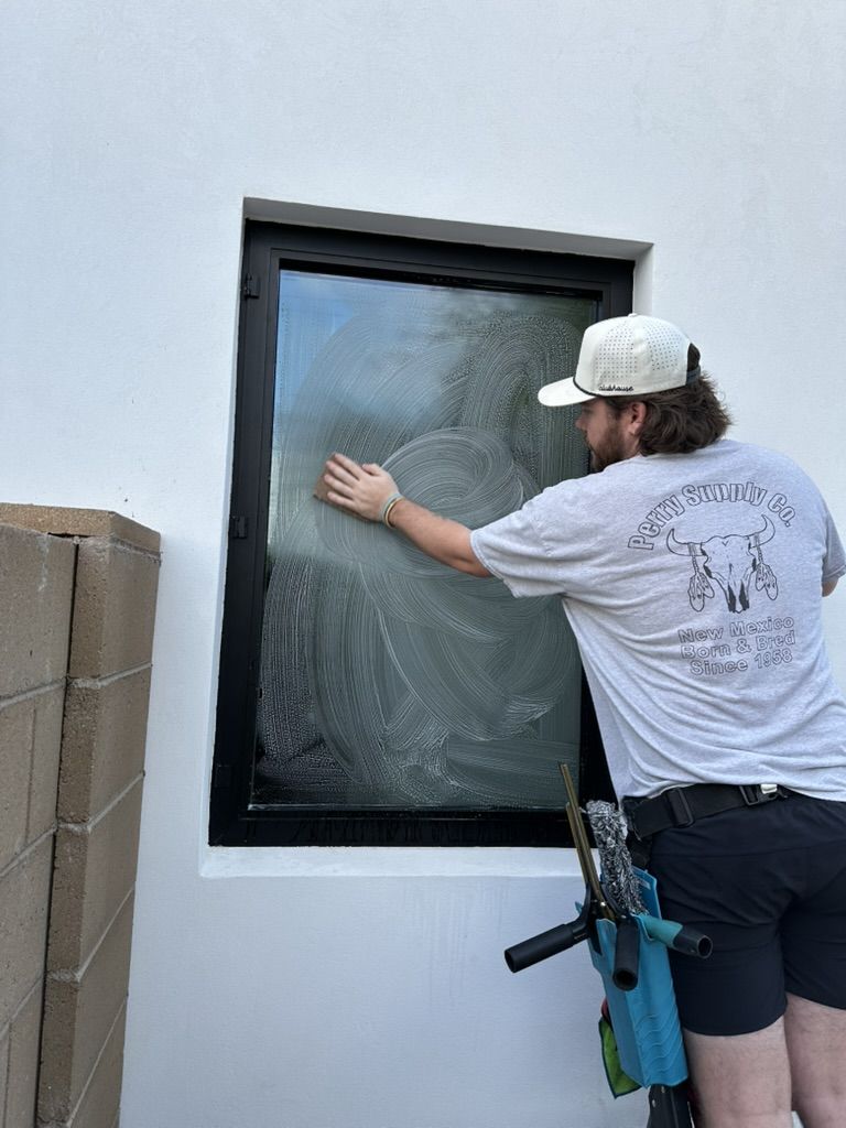 Tyler scrubbing a window